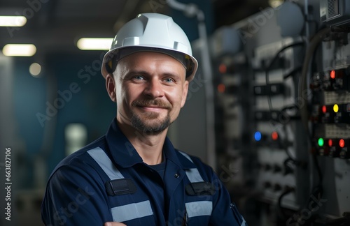 Smiling male electrician in uniform and helmet.