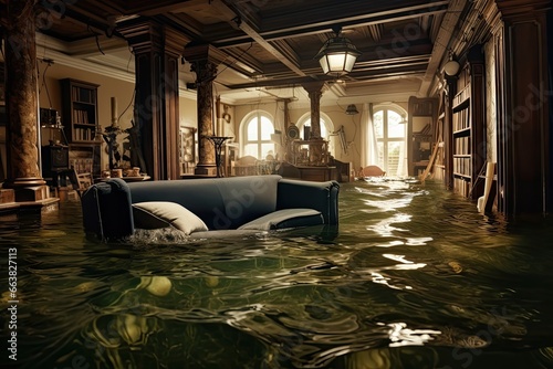 Interior of an old house with swimming pool and vintage furniture, flooded house with rooms full of water, AI Generated