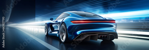Rear view of blue sports car high speed in turn Blue photo