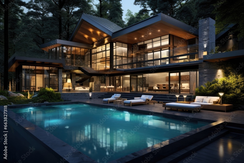3d rendering of modern cozy chalet with pool and parking for sale or rent. Massive timber beams columns. Cool summer night with shiny light from windows, AI Generated