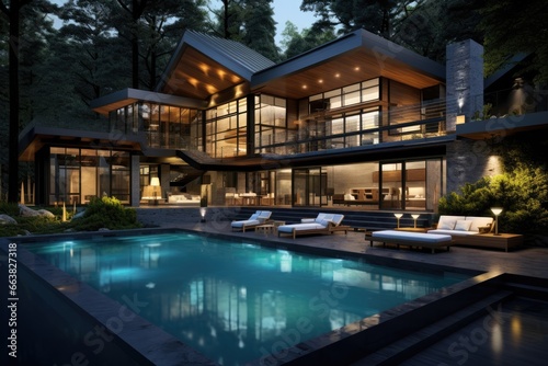 3d rendering of modern cozy chalet with pool and parking for sale or rent. Massive timber beams columns. Cool summer night with shiny light from windows, AI Generated © Iftikhar alam
