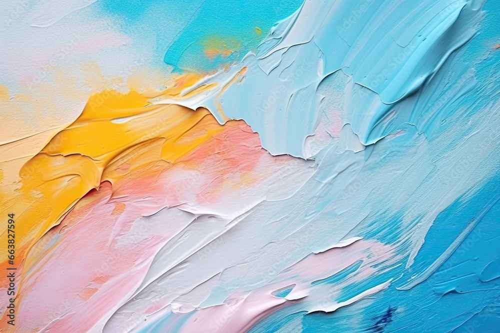 Painting closeup texture background with  blue, yellow, pink and white brush strokes, Fragment of multicolored texture painting. Abstract art background, AI Generated