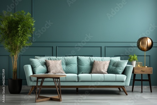 Stylish modern living room interior with a sofa and green plants, lamp, and a table on a blue wall background, creating a fresh and opulent ambiance photo