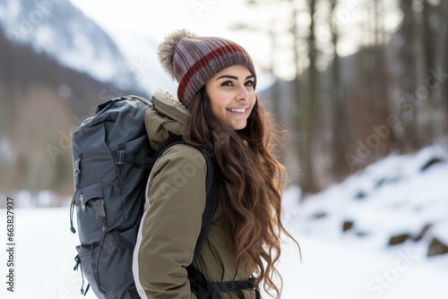 A woman wearing a hat and a backpack in the snow.