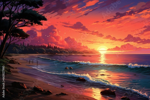 Lo-fi Anime Beach at Sunset © dasom