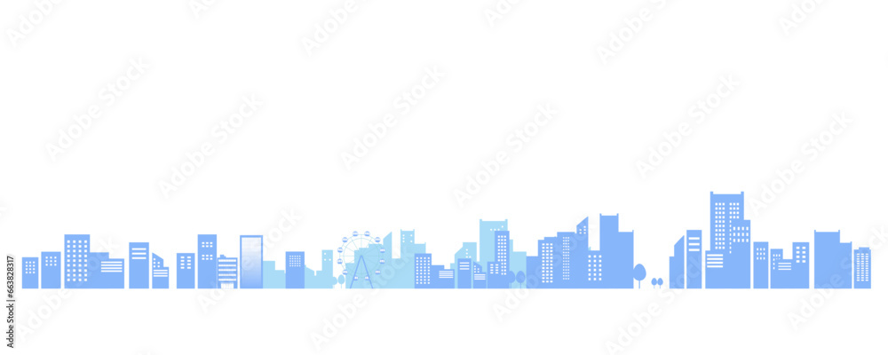 青色と水色のシンプルな街並みのシルエットのイラスト素材　背景イラスト　都市景観