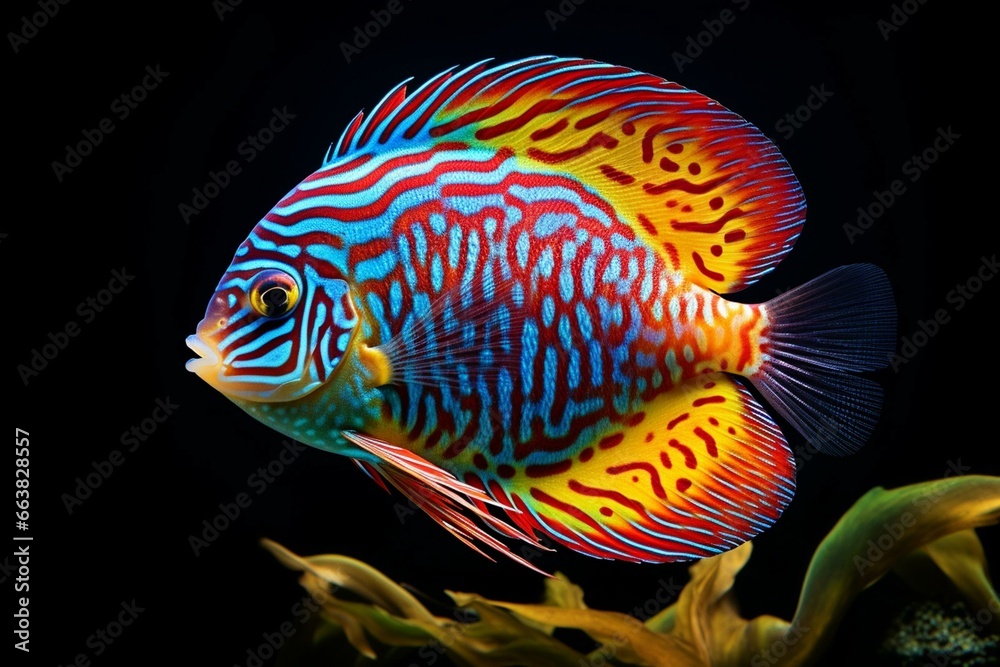 Colorful discus fish with vibrant markings on the scales. Generative AI