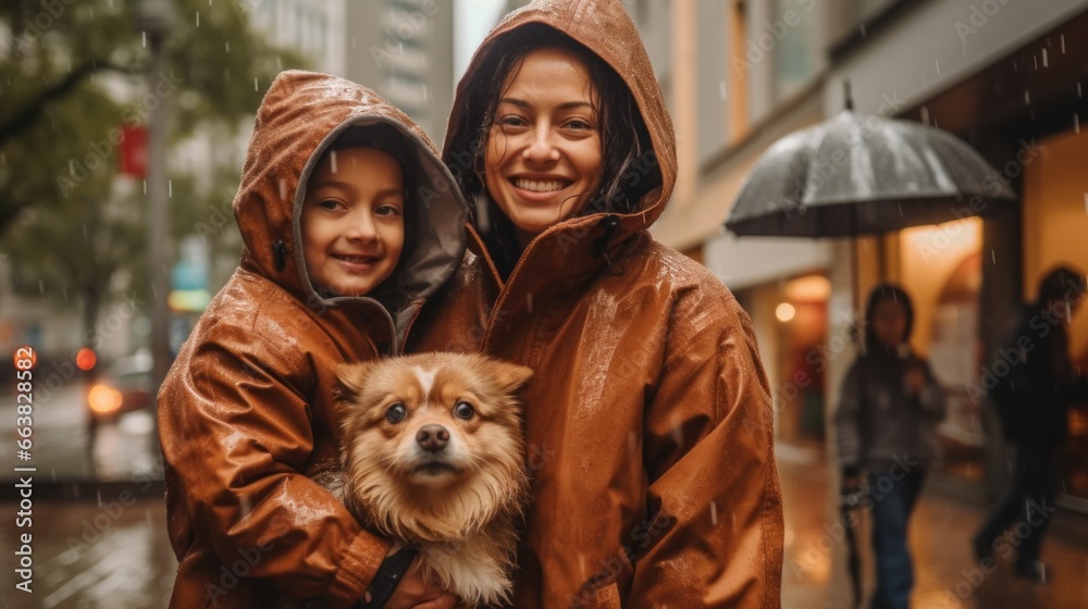 A joyful mother and her kid, wearing raincoats, share a happy moment in the rain with their dog. A joyful mother and her kid, wearing raincoats, share a happy moment in the rain with their dog.