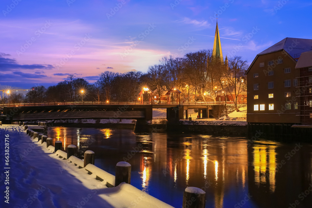 Fototapeta premium Twilight in the snowy Trondheim, Norway