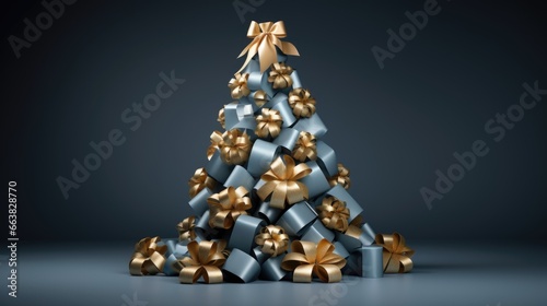 Beautiful Christmas tree against greyblue  wall. Monochrome empty living room. Wall mockup of a stage. Advertising background.