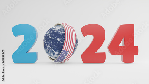 3d rendering of the year 2024 and the planet Earth around which the arrows with the US flag. The idea of economic and political competition and confrontation. The struggle for world domination photo