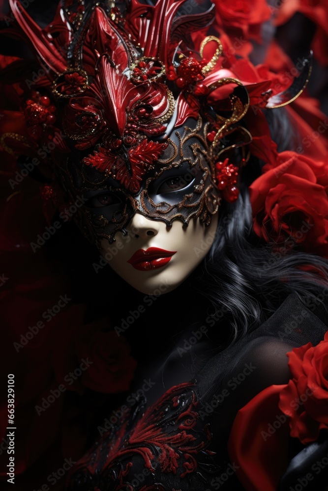 Beautiful woman in black mysterious venetian mask. AI Generated