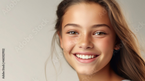 Closeup portrait of a smiling blonde teenage girl showcases her vibrant personality against studio background.