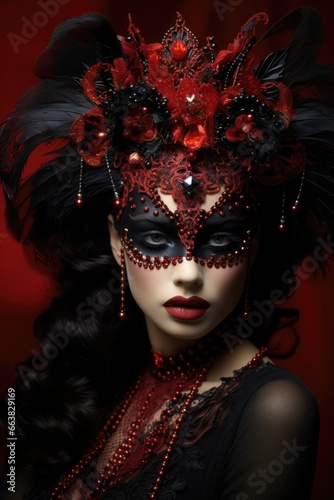 Beautiful woman in black mysterious venetian mask. AI Generated © dark_blade