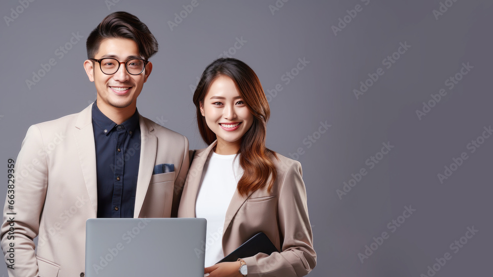 Two Asian professionals are presenting using laptop computer Two Asian professionals are presenting using laptop computer