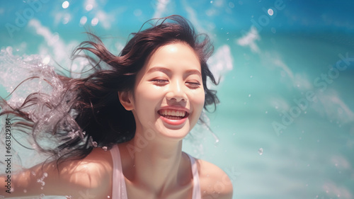 Smiling chinese woman wearing swimsuit playing water splash