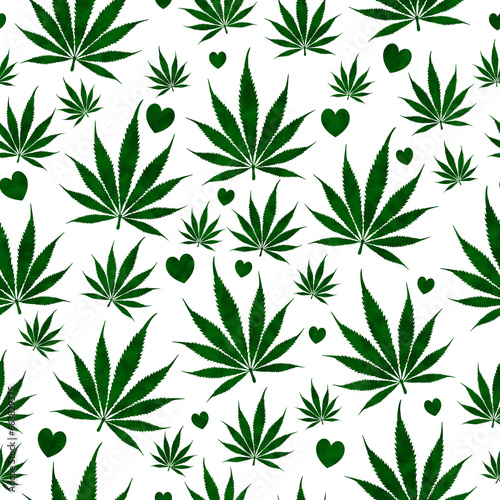 Green weed and hearts background that repeats and seamless