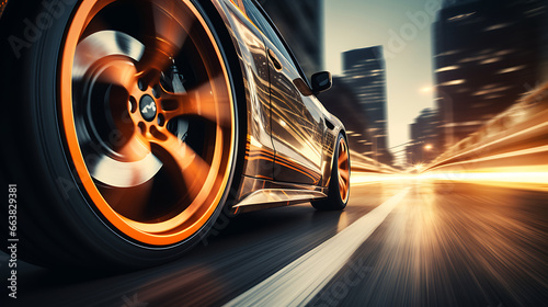Close-Up of Sports Car Wheel with Motion Blur