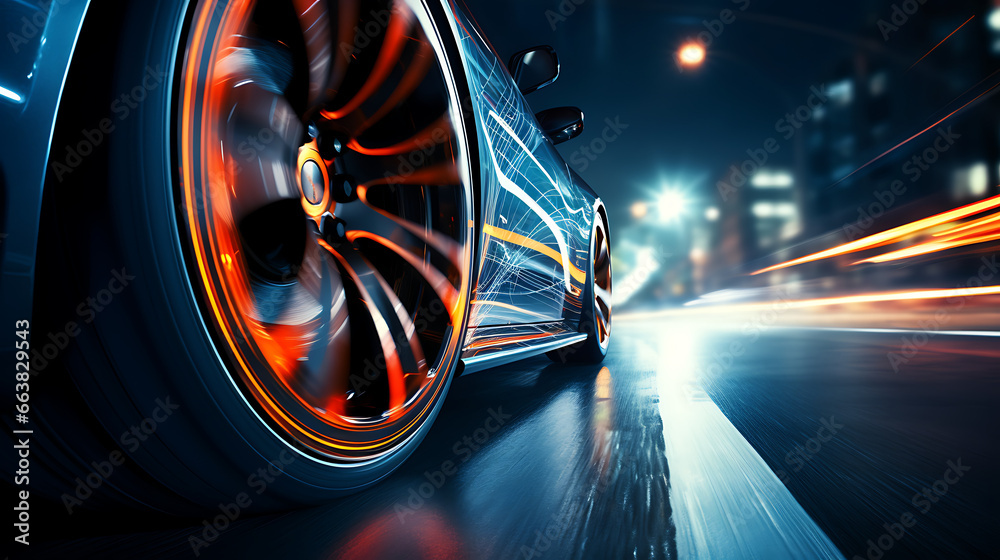 Close-up of sports car wheel on a highway at night - obrazy, fototapety, plakaty 