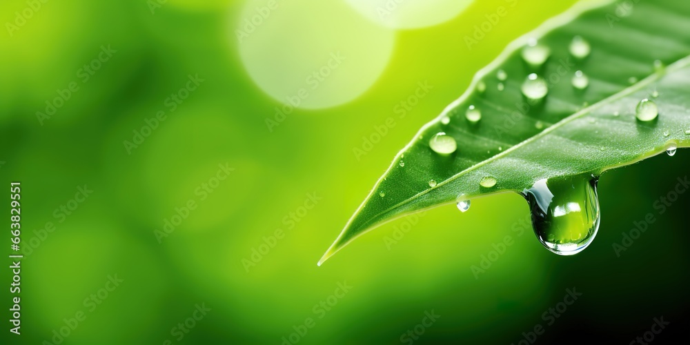 Fototapeta premium Beautiful green leaves with water drops, close-up