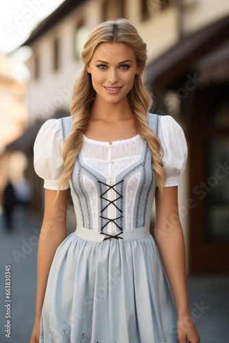 Octoberfest waitress with beer and barrel on bar background. AI Generated