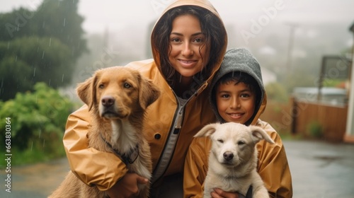 A happy mom and child, dressed in raincoats, play in the rain with their dog, full of joy.