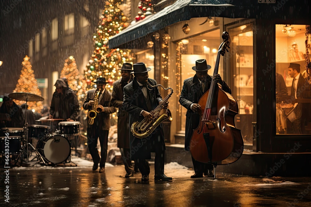 Jazz Band in City Street - obrazy, fototapety, plakaty 