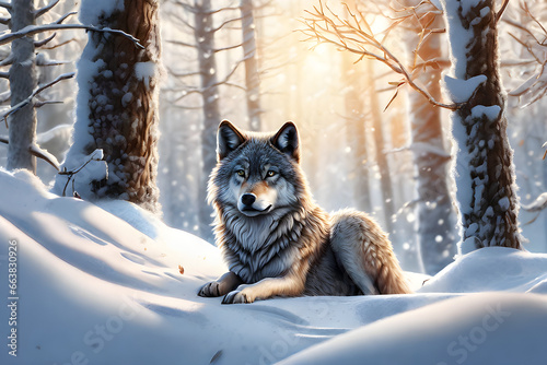 draw a wolf on a snow background. Generative AI