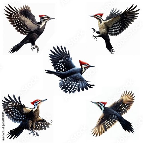 A set of male and female Pileated woodpeckers flying isolated on a white background