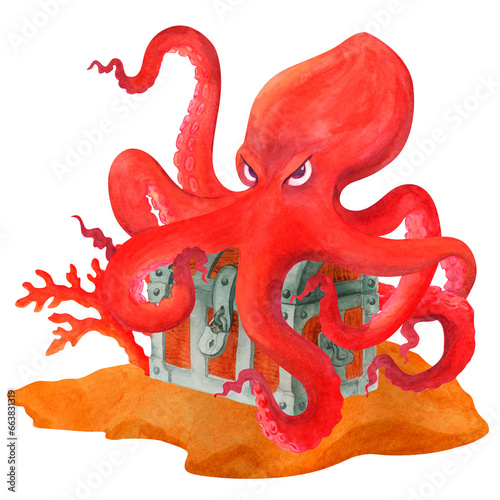Red angry cartoon octopus on the treasure chest. Isolated watercolor illustration. Clipart