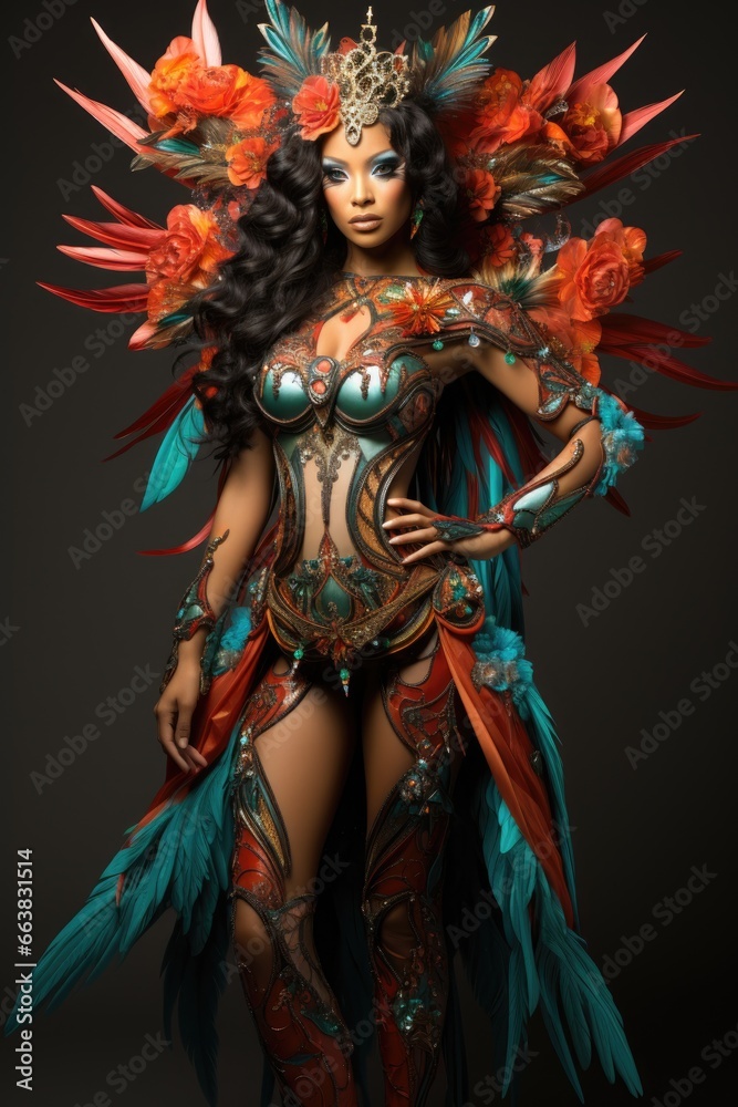 Fototapeta premium Beautiful woman in black mysterious venetian mask. AI Generated
