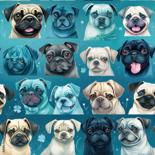 Pugs dogs breed cute cartoon repeat pattern