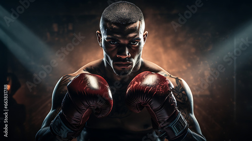 Boxer in Fighting Stance under Spotlights with Gloves © Custom Media