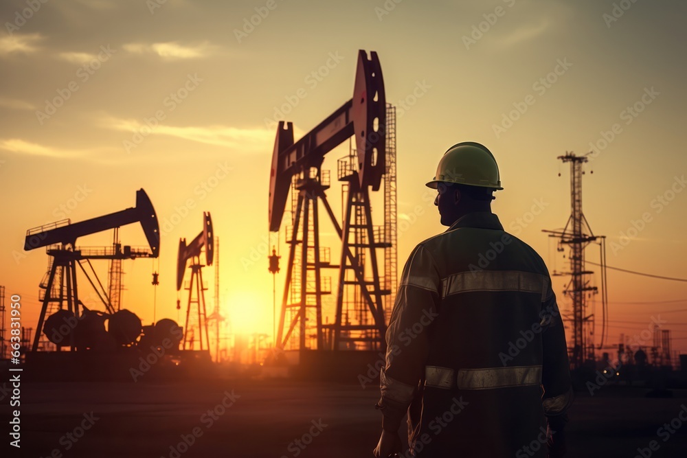 backside view Engineers look at oil rigs on the sunset background. - obrazy, fototapety, plakaty 