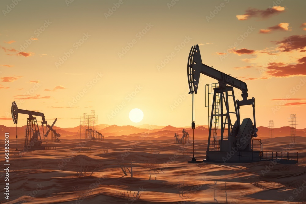 oil rigs oil pump energy industrial machine for petroleum in the middle of the desert on the sunset background.