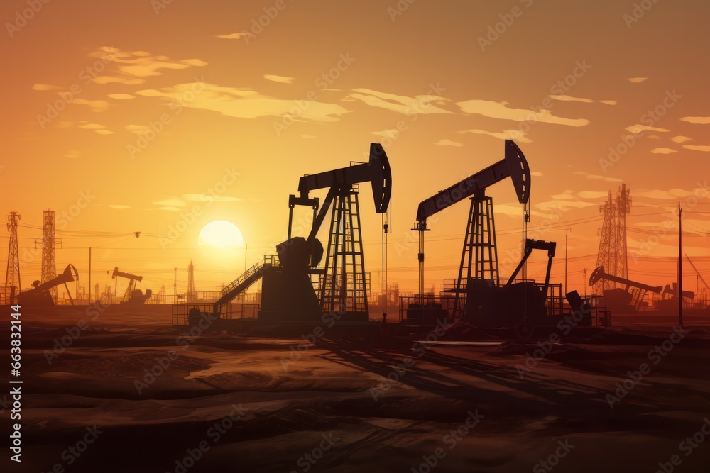 oil rigs oil pump energy industrial machine for petroleum in the middle of the desert on the silhouette background.