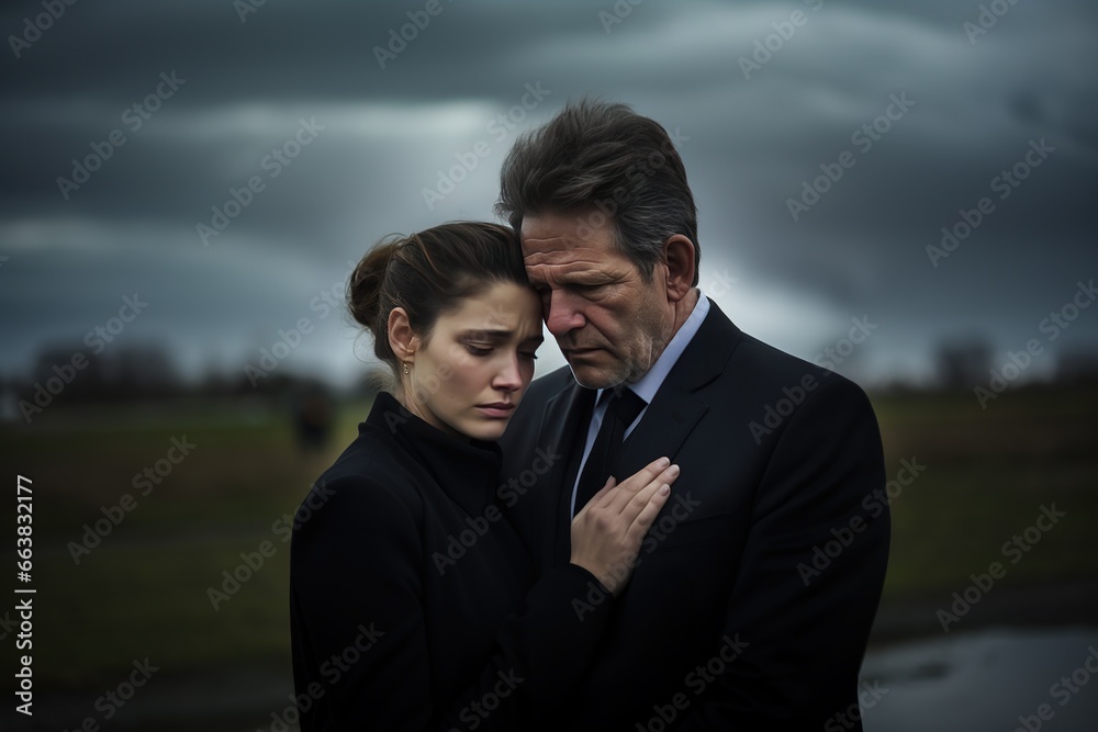 Dramatic portrait of a father and daughter, hugging on funeral concept. Dramatic portrait of a father and daughter, hugging on funeral concept.