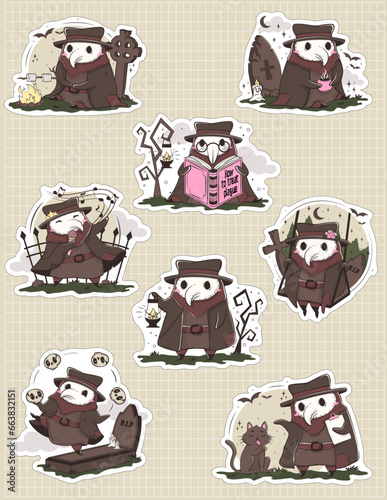 Bundle of stickers of a cute kawaii plague doctor in various poses. Medical routine cartoon humorous concept. Halloween character