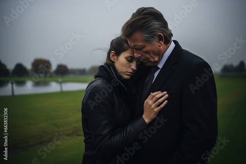 Dramatic portrait of a father and daughter, hugging on funeral concept. photo