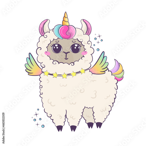 rainbow alpaca with wings and unicorn horn. Funny cartoon kawaii character isolated on white background.