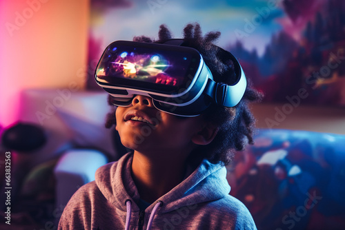 Generative AI image of positive African American boy in VR goggles smiling while exploring cyberspace in decorated room at home photo