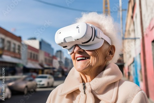 Generative AI image of excited senior woman in VR goggles smiling while experiencing another world on a city street against a blurred background