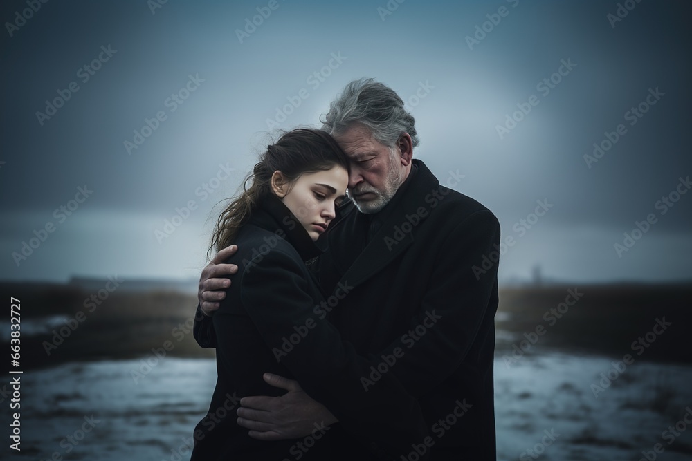 Dramatic portrait of a father and daughter, hugging on funeral concept.