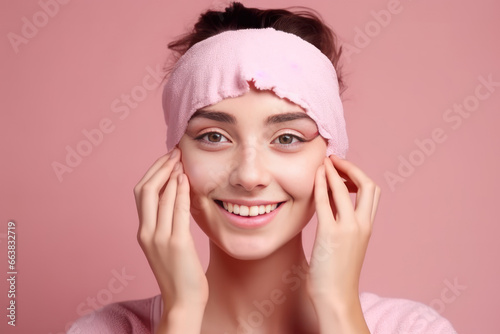 Close up portrait of a beautiful young woman with pink bandage on her head