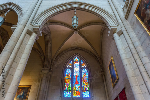 Stained glass window or skylight inside the Almudena Cathedral, Madrid, Spain