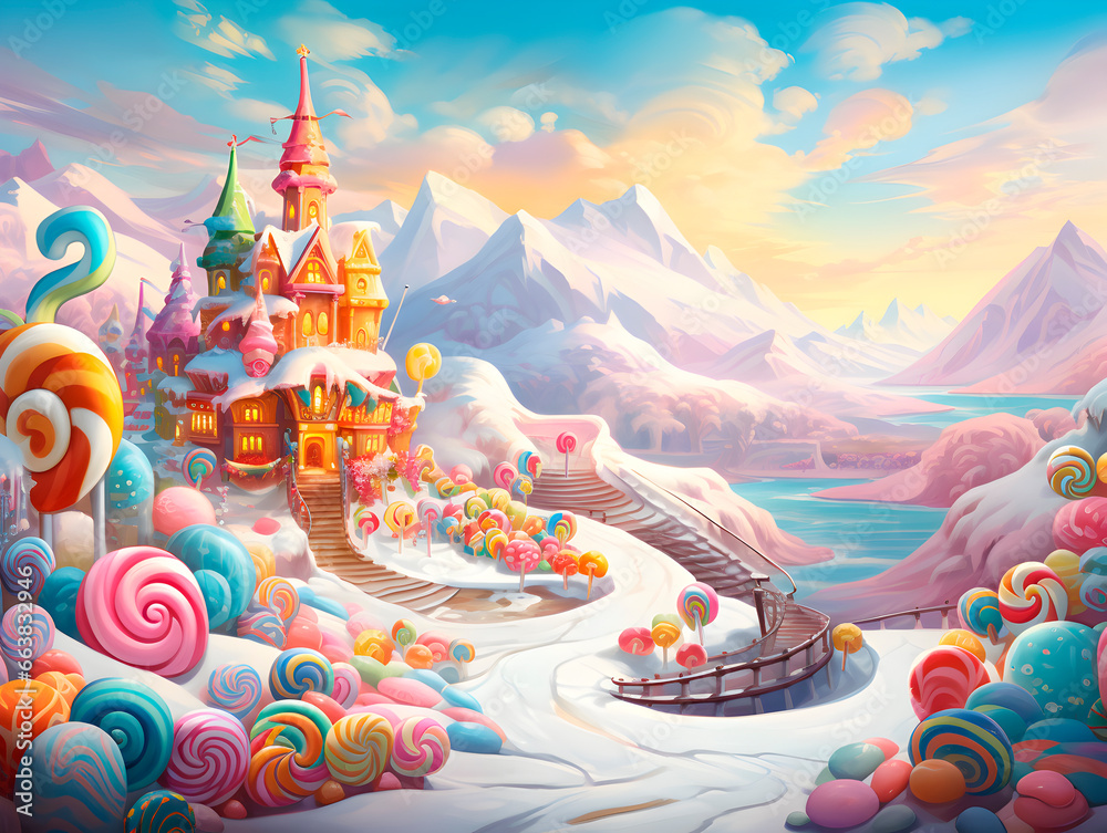 Beautiful christmas landscape candy land and snow with sun
