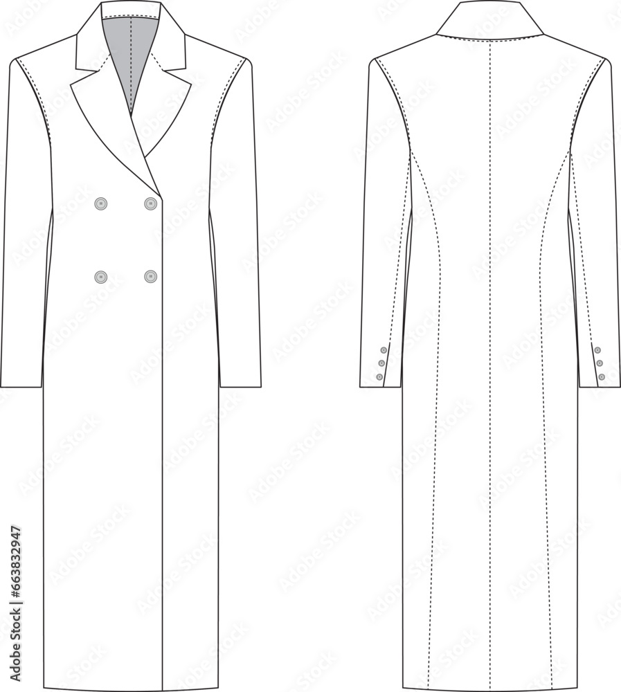 full long coat jacket technical drawing flat sketch  - obrazy, fototapety, plakaty 