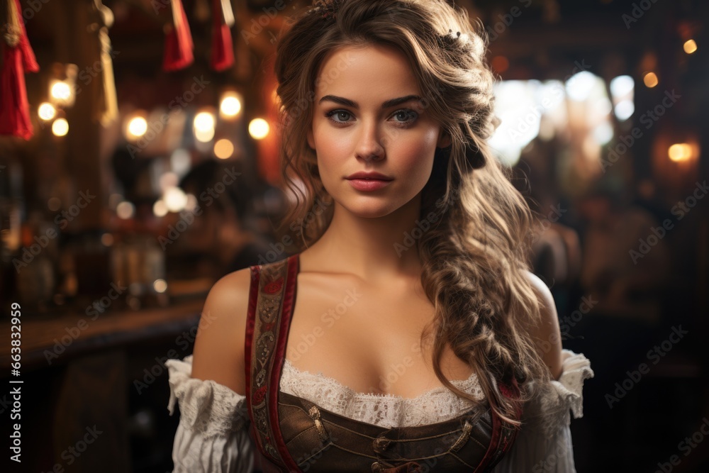 Octoberfest waitress with beer and barrel on bar background. AI Generated Octoberfest waitress with beer and barrel on bar background. AI Generated