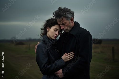Dramatic portrait of a father and daughter, hugging on funeral concept.