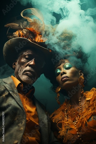 Black man and woman dressed in vintage mexican style clothes, colorful makeup. Teal background and smoke.